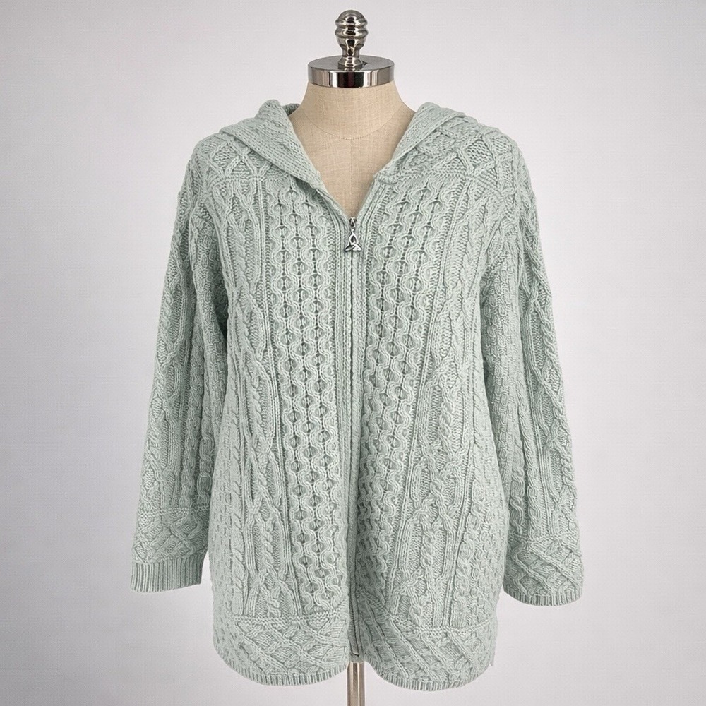 Aran Crafts Women Medium Merino Wool Cable Knit Hooded Zip Cardigan‎ Sweater